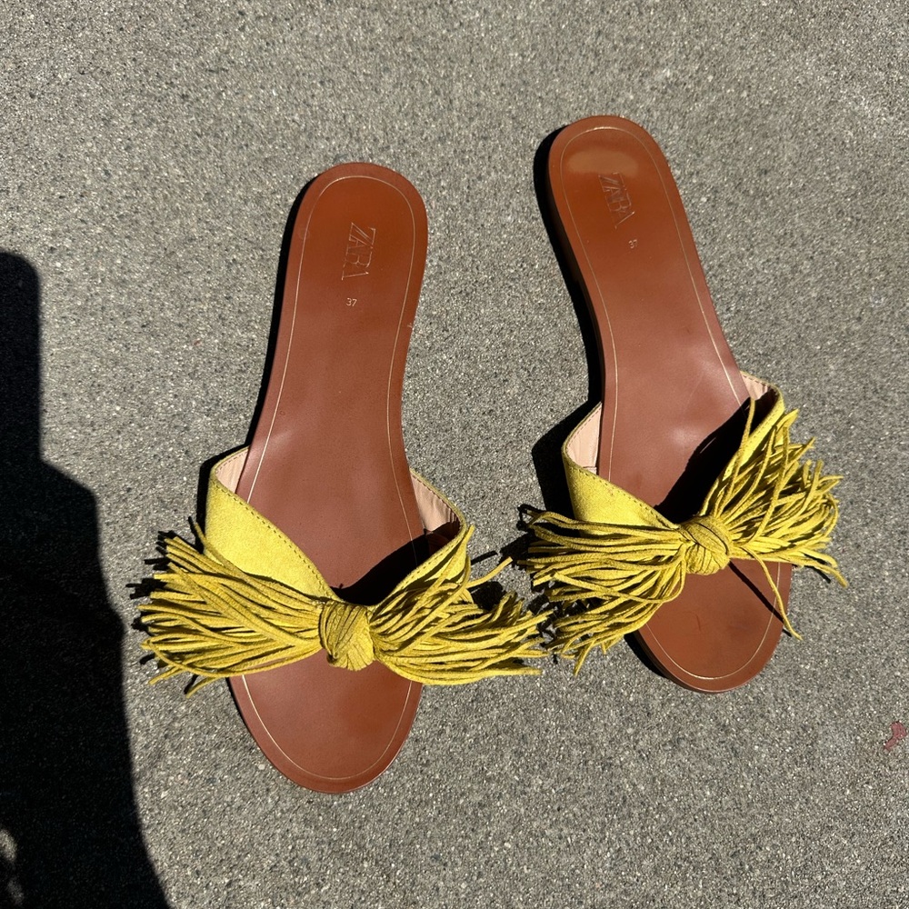 Zara Yellow Fringe Slide Sandals